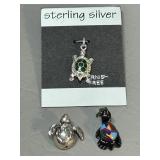 3 Turtle Charms, 2 Sterling Silver 1 Zuni Style