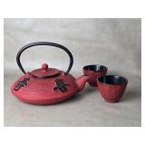 Red Cast Iron ? Enamel Chinoiserie Teapot & Cups