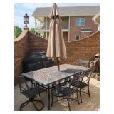 Large Metal Patio Table & 6 Chairs With Umbrella