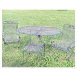 METAL PATIO TABLE, OTTOMAN & 2 SPRING ROCKERS