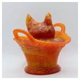 'GERALDINE RED' SLAG GLASS HEN ON NEST BY