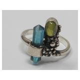 Sterling Silver Ring W Blue & Green Stones