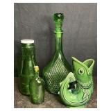 GREEN GLASS DECANTER, JAR, BOTTLE & CERAMIC FISH