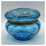 Antique Bohemian Enameled Blue Glass Dresser Box