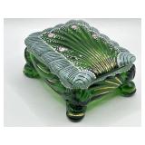 Cambridge Glass Green Dolphin Foot Trinket Dish ,