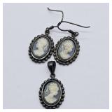 STERLING SILVER CAMEO 3 PC SET EARRINGS & PENDANT