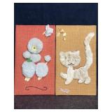 VINTAGE FAUX FUR DOG & CAT WALL ART ON BURLAP