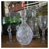 Crystal Decanter & Green to Clear Stemware Lot
