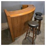 Vintage Oak Curved Bar w/ Three Stools