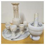 Marble Bottle, Cups, & Mortar & Pestle