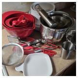 Lot of Red, White, & Stainless Kitchenware