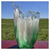 Crown Craft Style 8" Green & White Glass Vase