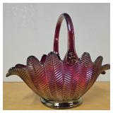 Ruby Red Iridescent Feather Carnival Glass Basket