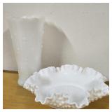 Fenton Ruffled Dish w/ Milk Glass Vase