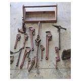 Lot of Plumbing Tools- Pipe Wrenches ++ & Tote