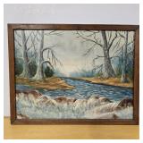 Signed Winter Landscape Painting on Canvas