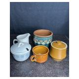 CERAMIC POTTERY BOWL, COVERED SUGAR, CREAMER, CUP