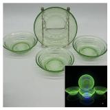 4 1930ï¿½s Uranium Glass Block Optic Bowls , 3