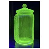 VINTAGE GREEN URANIUM RIBBED GLASS CANISTER JAR