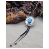 Signed Navajo Silver & Turquoise Bolo Tie