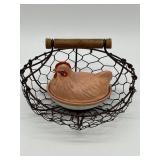 SMALL ROUND CHICKEN WIRE BASKET W/ WOOD HANDLE &