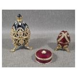 Two Faberge Style Eggs & Pill Box