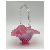 Sm Fenton Cranberry Opalescent Hobnail Basket