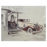 VINTAGE FRAMED PRINT OF PACKARD AUTOMOBILE AT