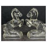 PAIR VINTAGE L.E. SMITH CLEAR GLASS REARING HORSE