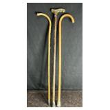 3 WOOD WALKING CANES 1 W/ DECOR