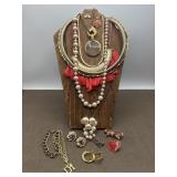 Red, Faux Pearls & Gold Tone Costume Jewelry Set