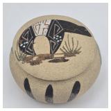 NATIVE AMERICAN SAND ART TRINKET BOX CERAMIC HAS
