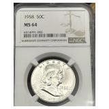 1958 SILVER FRANKLIN HALF DOLLAR COIN MS64