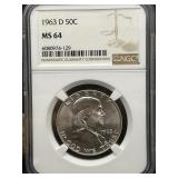 1963 D SILVER FRANKLIN HALF DOLLAR COIN MS64