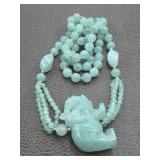Jade Color Glass Beads & Carved Elephant Necklace
