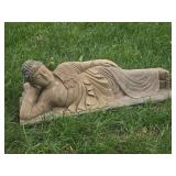 Vtg Reclining Buddha Carved Wood Garden Statue