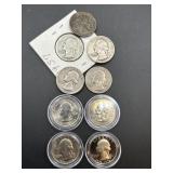 9 QUARTERS INCLUDING 2 BI-CENTENNIAL COINS,