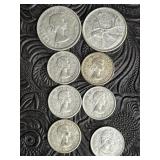 CANADIAN SILVER COINS 2 QUARTERS & 6 DIMES, ONE