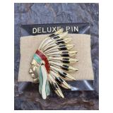 Indian Chief Enamel Gold Tone Brooch Pin