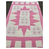 Vintage Pink & White Quilt Embroidered w/ Prairie