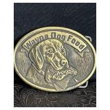 BRASS BELT BUCKLE WAYNE DOG FOOD 50th ANNIVERSARY