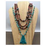 3 Strands Coral Turquoise & Carved Pendant