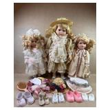 3 Porcelain Dolls, Hats, Shoes & Brush