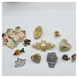 BROOCH LOT: HEARTS, SNOWMEN, FLORAL, ANGELS +