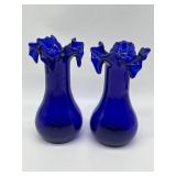 PAIR VINTAGE COBALT BLUE RUFFLED RIM ART GLASS