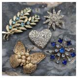 Five Vintage Brooches w/ Butterfly & Heart