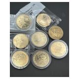 8 GOLD TONE U.S. DOLLAR COINS, PRESIDENTS, STATES