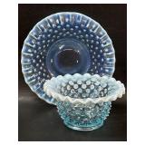 Fenton Blue Opalescent Hobnail Sm Bowl & Dish