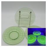 3 1930ï¿½s Uranium Glass Block Optic Dessert Plates
