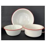 3 Vintage Red & White Enamelware Bowls & Chamber